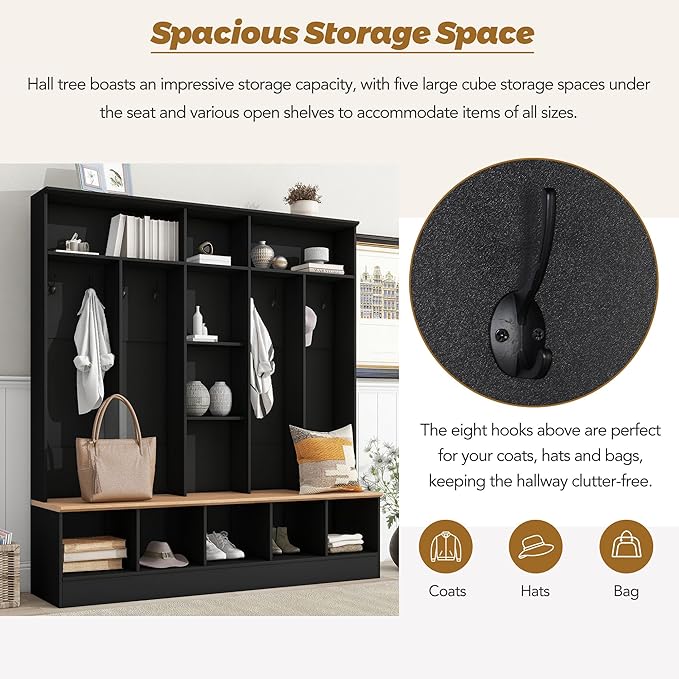 Merax 72'' H Hall Tree with Shoe Storage Bench, Modern Hall Tree with Storage Shelves & 8 Hooks, Coat Rack for Entryway, Mudroom, Hallway, Living Room,Black