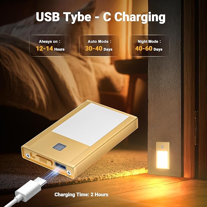 V4light Rechargeable Motion Sensor Night Lights, Ultra-Thin LED Stair Lighting for Safe Night Walking, Brushed Gold Aluminum Alloy, Magnetic Mount, 3000K Warm White Light, Ideal for Hallways & Stairs