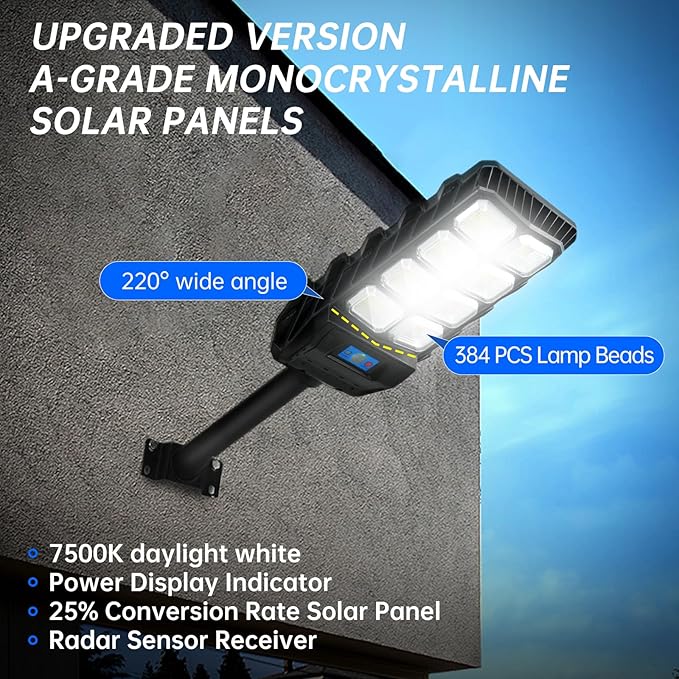 Street Solar Lights Outdoor Heavy Duty - 7500K LED Solar Powered Spot Lights Motion Sensor Waterproof with Remote Control and Pole, Floodlight Dusk to Dawn for Yard，Garden，Pathway，Patio, Parking Lot