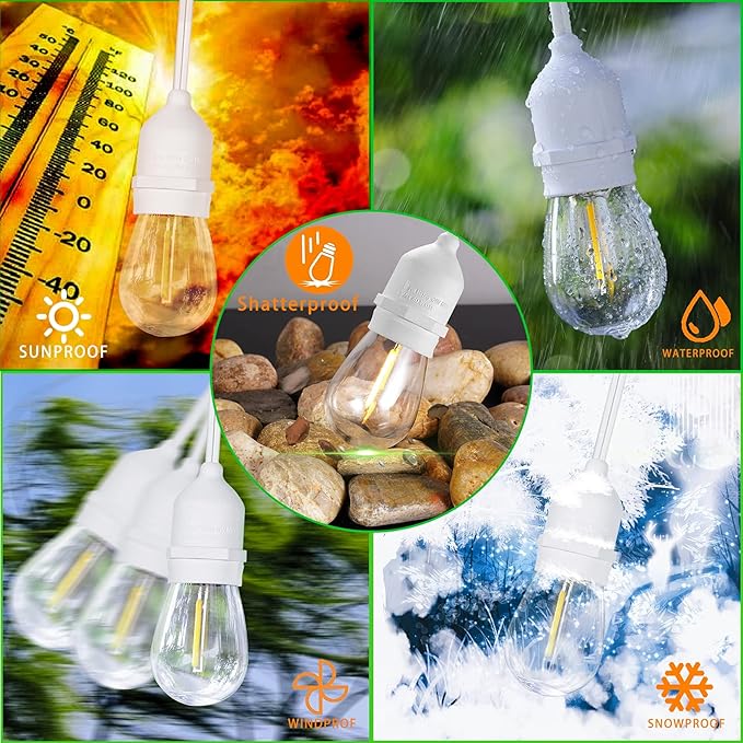 𝟰𝟴𝑭𝑻 LED Outdoor String Lights with 𝟮𝟰 Weatherproof Shatterproof Edison Style 𝑳𝑬𝑫 𝑩𝒖𝒍𝒃𝒔(2 𝑺𝒑𝒂𝒓𝒆)，Commercial Grade Waterproof Hanging Lights for Backyard Porch Balcony Party