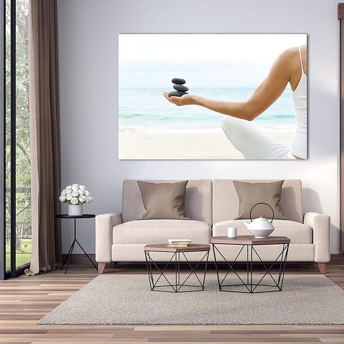 Zen Wall Art Decor, Modern Bathroom Zen Decor Wall Art, Large Relaxing Canvas Wall Art for Spa Zen Room Decor, Meditation Facing The Sea and Pebble Art Paintings for Office & Spa Decor 32x48 Inches
