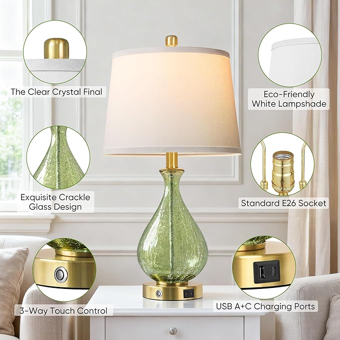 QiMH Green Glass Table Lamps for Living Room, Bedside Lamps Set of 2 with USB A+C Charging Ports, 3 Way Dimmable Touch Lamps for Nightstand, 22.5" Modern Table Lamp for Bedroom, Gold(Bulb Included)