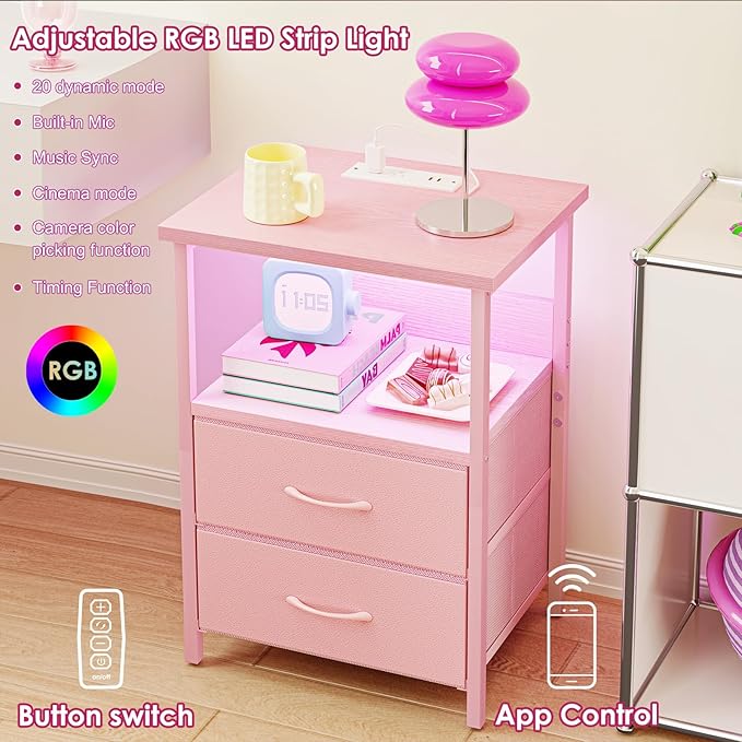 Fixwal Night Stand with Charging Station, LED Nightstand with U-S-B Ports and Outlets, 2 Fabric Storage Drawers with PU Finish, Small Bedside Table, Pink