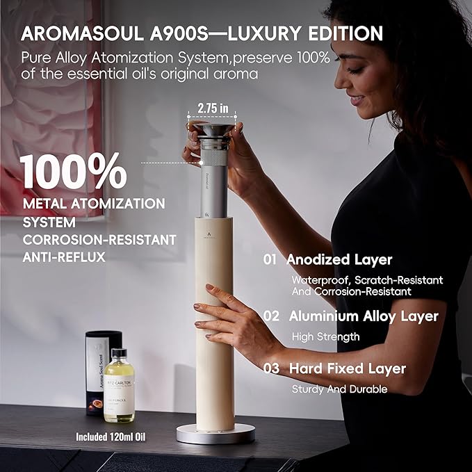 Wireless Rechargeable Hotel Scent Diffuser Starter Kit - Alloy Atomization System,Waterless Oil Diffuser, 1500 Sq Ft Coverage, Including 120ml Essential Oil, for Home, Large Room, Spa, Cream