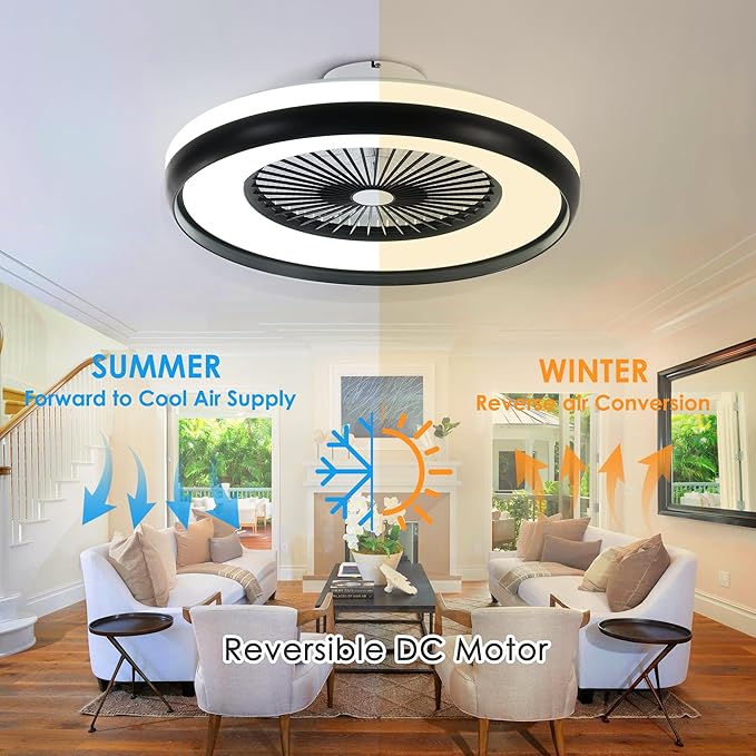 24" Bladeless Ceiling Fan with RGB Light Remote, Smart LED Ceiling Fans with Voice/App Control, Modern Low Profile Dimmable Light Ceiling Fan for Bedroom Living Room Black