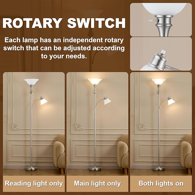 71'' Floor Lamps for Living Room, Tall Floor Lamp for Bedroom with Adjustable Angle Arc Reading lamp, Modern Torchiere Standing lamp with Glass Shade, Knob Switch, Bulb Included, Silver