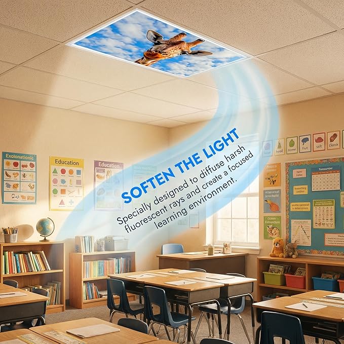 Fluorescent Light Covers for Ceiling Lights -Magnetic Cloud Cover for Fluorescent Or LED Fixture 2ft x 4ft Classroom,Home,Office Decoration Filters Overhead Lighting- Giraffe