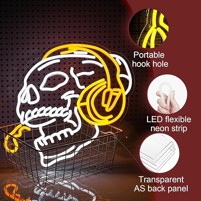 Skull Headphone Neon Sign Headphone Neon Light for Wall Decor LED Dimmable USB Skull Light Up Sign for Boys Gaming Room Bedroom Man Cave Gifts for Men Neon Lamp Game Room Accessories Personalized Gift