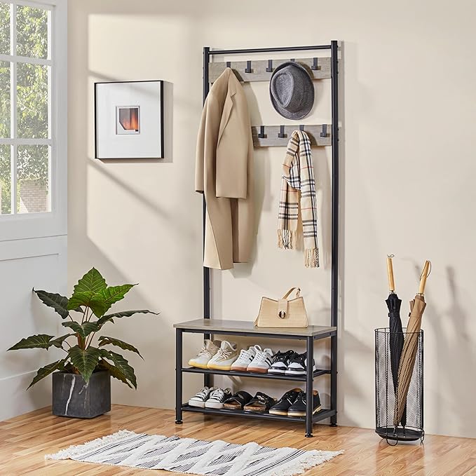 Yaheetech Coat Rack, Hall Tree with Shoe Bench, Entryway Shoe Storage with Coat Rack Stand, 9 Movable Hooks, Industrial Entryway Furniture, Gray