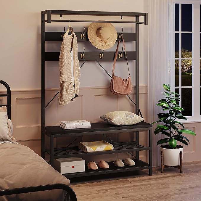 IDEALHOUSE Coat Rack Shoe Bench Industrial Hall Tree Storage Bench for Entryway Wood Look Accent Large Shoe Rack with Storage Shelf Hanging Bar,8 Hooks Grey 39.9"x15.7"x72"