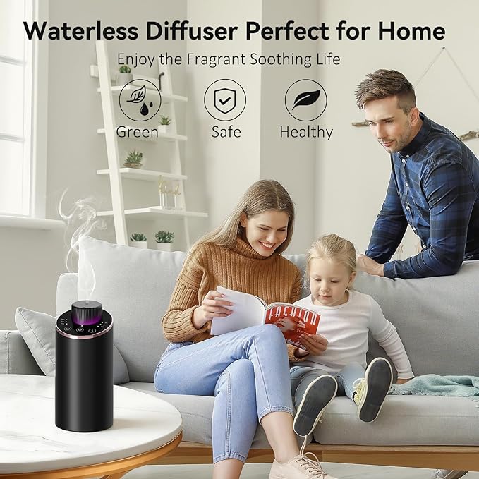 Waterless Essential Oil Diffuser Aromatherapy Scent Diffusers for Home Large Room, Bedroom, Car, Office, Desk, Battery Operated Mini Portable Air Freshener, 3 Countdown Timers & 3 Mist Levels