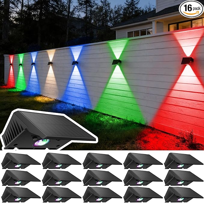 Solar Fence Lights Outdoor, 16-Pack Fence Lights Solar Powered with Up/Down Buttons, IP67 Waterproof for Outside, 120LM Auto Dusk to Dawn for Wall/Patio/Yard/Railing/Deck/Pathway (White & RGB)