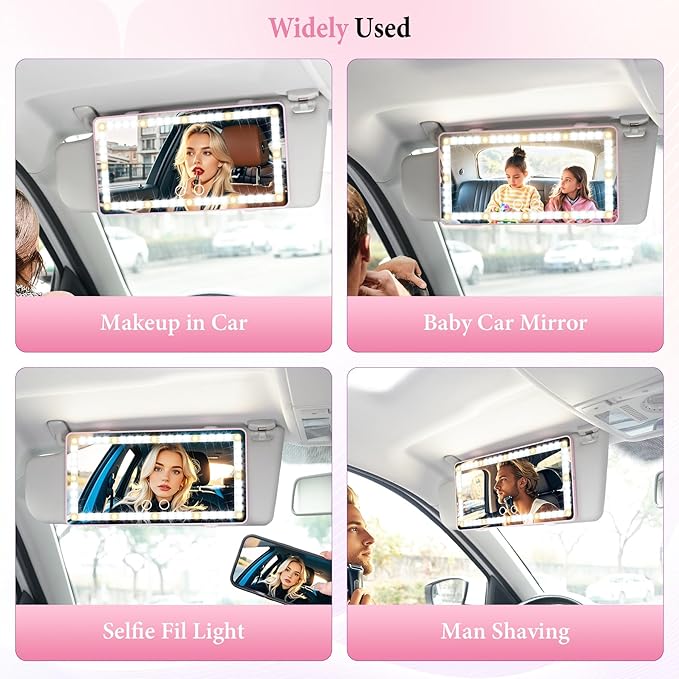 SINGARO Car Sun Visor Vanity Mirror - Rechargeable Makeup Mirror with 60 LEDs, 3 Light Modes & Dimmable Touch Control for Cars, Trucks, SUVs, Car Interior Accessories for Women (Pink)