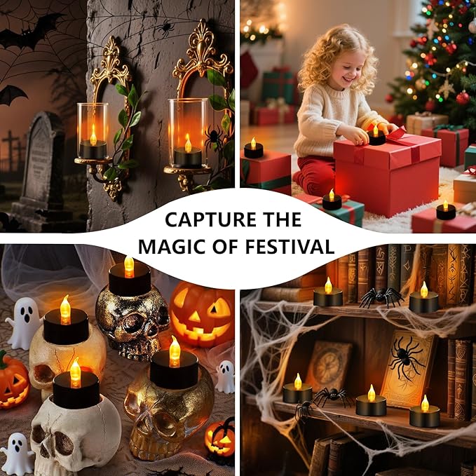 Tea Lights Battery Operated Candles LED Tea Lights Flameless Candles 200+ Hours Flickering Fake Tealights for Halloween, Christmas Aniversary Home Table Decor(Black, 50 Pack)