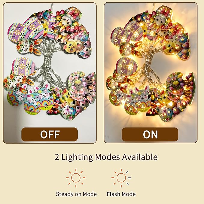 Easter String Lights,10Ft 20 LED Easter Lights Bunny Egg Chick Fairy Lights with Dual Power (Battery/USB) 2 Lighting Modes 6 Cute Patterns for Indoor Outdoor Easter Decorations Spring Home Party Patio