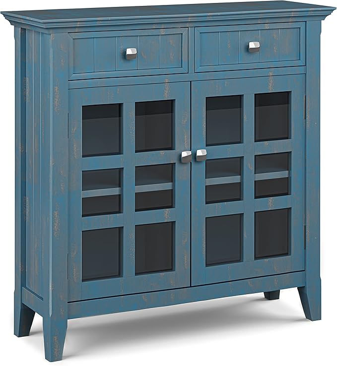 SIMPLIHOME Acadian Solid Wood 48 inch Wide Storage Bench that Seats 2 and 36 inch Wide Storage Cabinet in Distressed Coastal Blue for the Living Room, Entryway, and Family Room, Transitional Style
