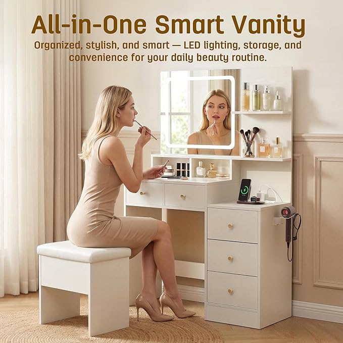 Vanity Desk with Mirror & Lights, Makeup Vanity with 5 Drawers & Cushion Stool, White Vanity Table, 3 Color Modes & Adjustable Brightness, Built-in Power Outlet
