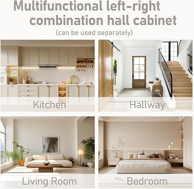 Multifunctional Hall Tree with 4 Hooks, Wood Hall Tree with Open Shelving and Flip Hidden Shelf, Left-Right Combination Coat Rack (can be Used Separately), Entryway Bench (Beige/45c)