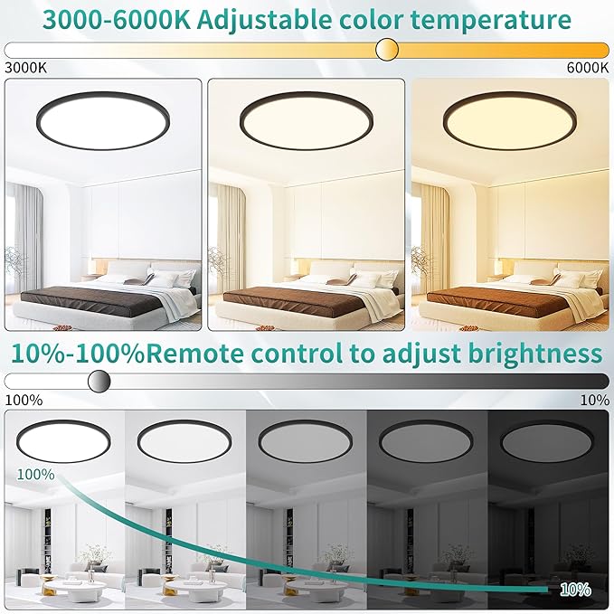 20 Inch LED Flush Mount Ceiling Light,48W Ultra-Thin Modern Round Light Fixture with Remote,Dimmable 3000K-6000K,Black,4800LM,Memory & Night Light Mode for Bedroom, Kitchen,Living Room