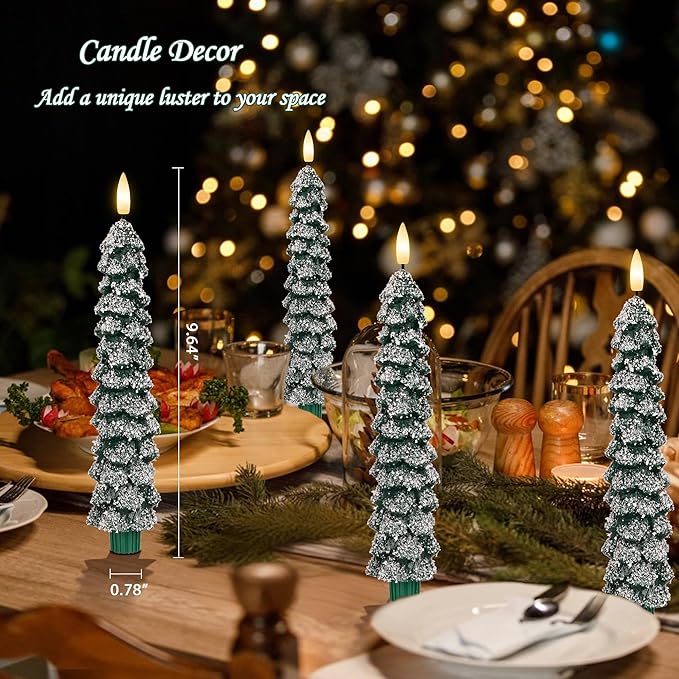Christmas Tree Candles with Snow, 9.6" Green Real Wax Flameless Taper Candles with Remote, Flickering Xmas Candlesticks for Home, Party Decor, 4 Pack