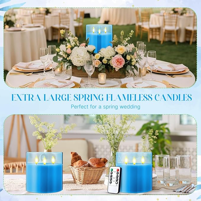 Retisee 6'' x 6'' Extra Large Flameless Candles, 3 Wick Glass Large Candles with Remote Control and Timer Function, Real Wax LED Pillar Flickering for St. Patrick's Spring Party Decor(Blue,1 Pcs)