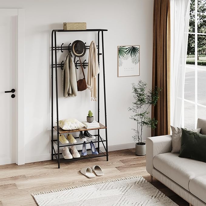GAOMON Coat Rack, Hall Tree with Shoe Storage Bench, 3-in-1, Multifunctional Hallway Organizer, Shoe Storage with Coat Rack Stand, 10 Hooks, Metal Frame, for Entryway