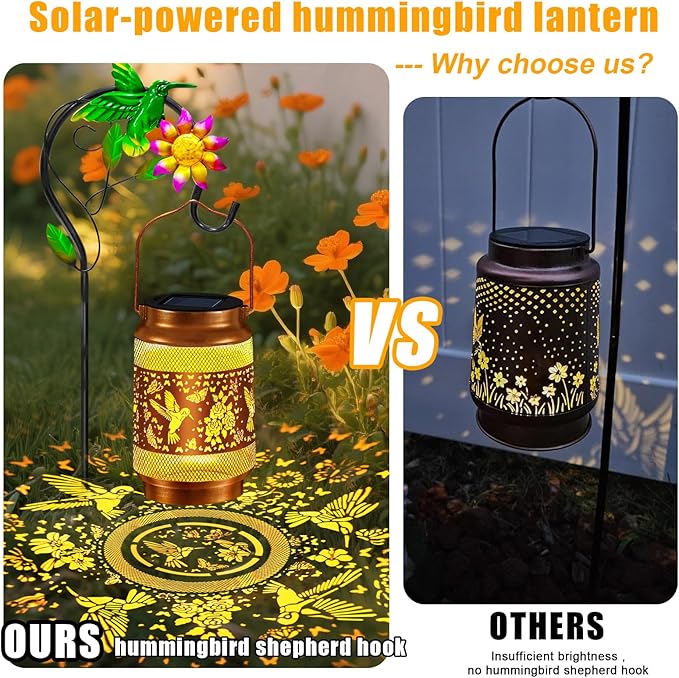 Hummingbird Solar Lanterns Outdoor Waterproof, Hanging Solar Lights Garden Lanterns with Shepherd Hook, Metal Garden Decor for Yard, Patio, Lawn, Landscape, Gifts for Women Mom Christmas