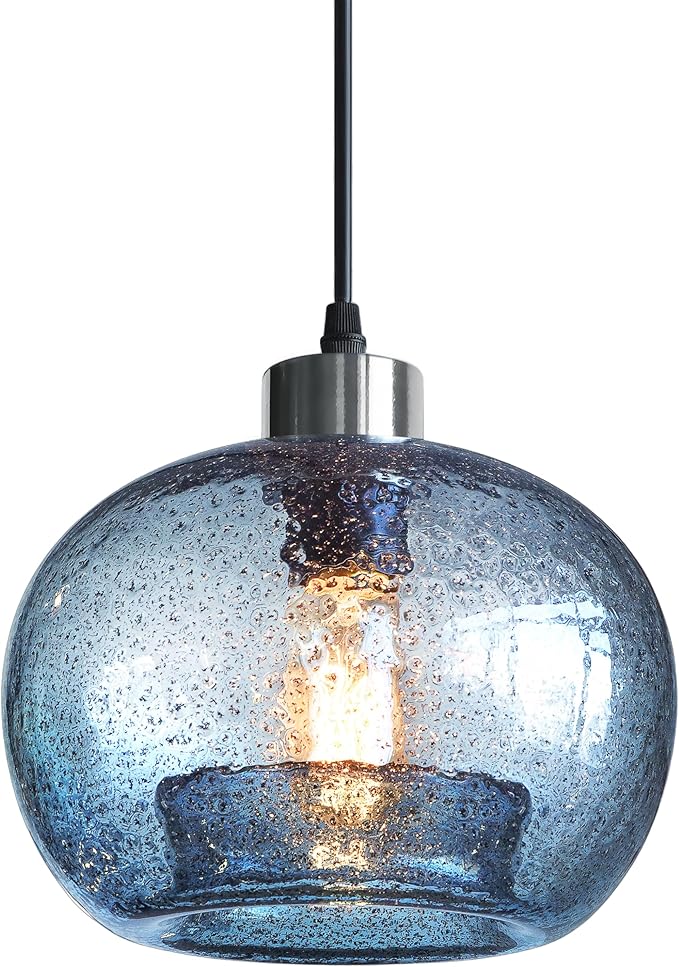 CASAMOTION Glass Pendant Lights Kitchen Island Modern Farmhouse Blue Ceiling Hanging Light Fixtures Globe Over Table Sink Foyer Entryway Brushed Nickel 8.7 Inch Diam