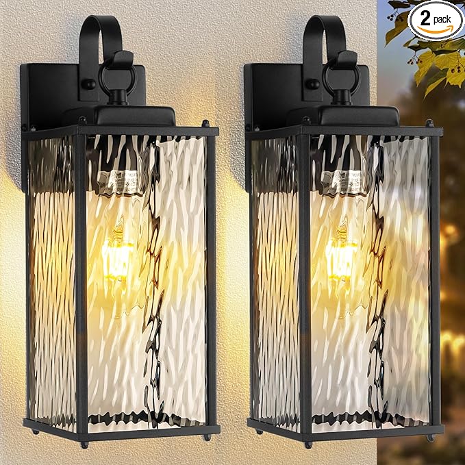 Outdoor Lights for House with Water Ripple Glass Modern 2-Pack, IP65 Waterproof Porch Lights Outdoor Wall Sconces Matte Black Patio Garage Coach Lighting Exterior Lanterns Wall Mounted, 15"