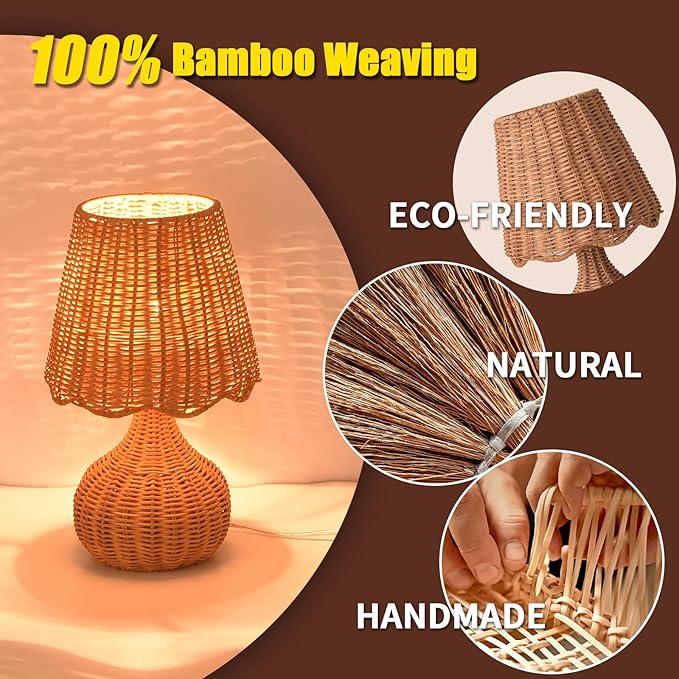 Rattan Table Lamp for Bedroom, Boho Small Table Lamps for Bedside, Farmhouse Mini Small Table Lamps for Small Spaces for Kitchen Counter, Bookshelf, Nightstand, Bedroom, Kids Dorm