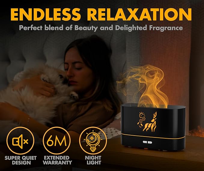 Colorful Aroma Essential Oil Diffuser for Home, Quiet Cool Mist Flame Humidifier for Bedroom with Remote, Fire Flame Diffuser Humidifier with Scent (Black)