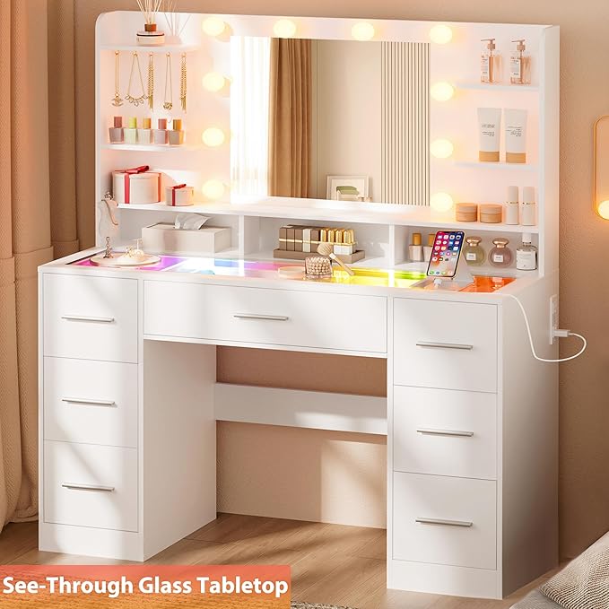 Vanity Desk with Mirror and Lights, Large Glasstop Makeup Vanity Desk with 7 Drawers and Power Outlet, 6 Open Shelves, White