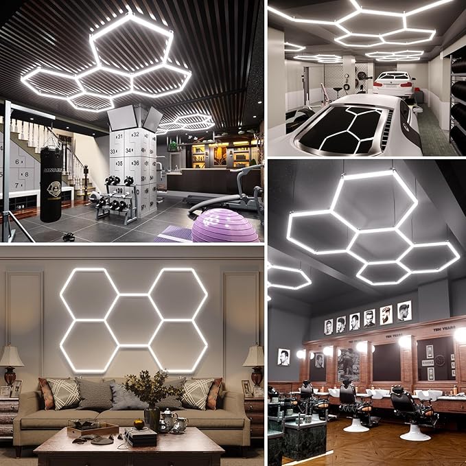 Hexagon Garage Lights, 5-HEX 240W 5000K Daylight Garage LED Lights, Modular Honeycomb Shop Light for Detailing, Workshop, Home Gym, Warehouse, DIY Workspace
