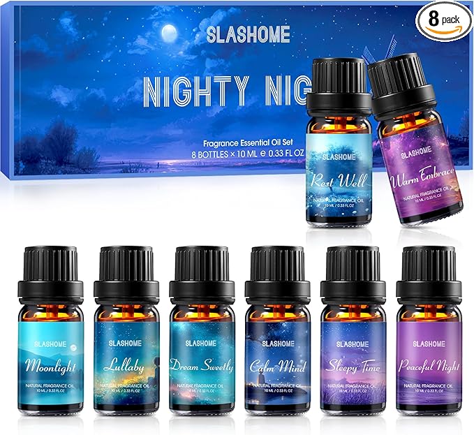 SLASHOME Essential Oils for Diffuser, 8 Pack Aromatherapy Oils Set for Humidifiers - Lavender, Vanilla, Sandalwood & More - Scented Oil for Sleep, Relaxation, Candle & Soap Making, Home Fragrance Gift