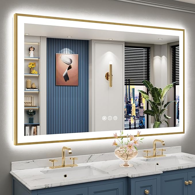 60x38 Gold LED Bathroom Mirror with Lights, Brushed Gold Framed Backlit and Front Lit Anti-Fog Lighted Vanity Mirrors for Bathroom Wall, Dimmable, 3 Colors, Memory, HD Tempered Glass, CRI＞90