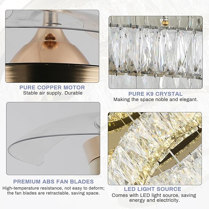 Finktonglan 42'' Dimmable Chandeliers Fan, Crystal Ceiling Fan with Lights with APP & Remote Control, Gold Fandelier Ceiling Fan, 3 Color Change, 6 Speed Reversible Fandeliers, Circulating Air