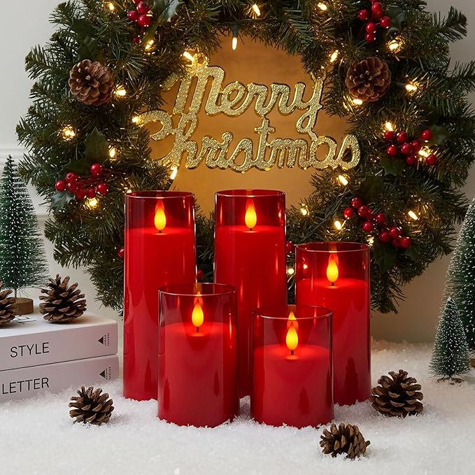 Raycare Flameless Candles Battery Operated with Remote Timer, Acrylic Flickering LED Pillar Candle for Valentine's Day Decoration, Home Decor, Gift for Family and Friend, Red, Set of 5