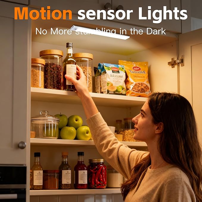 15.7inch Motion Sensor Cabinet Lights, 2400mAh 74 LED Beads, USB-C Charging, 3 Color Temperatures, for Long Lasting Durability Easy to Install, Magnetic Under Cabinet Lights for Kitchen (2 Pack)