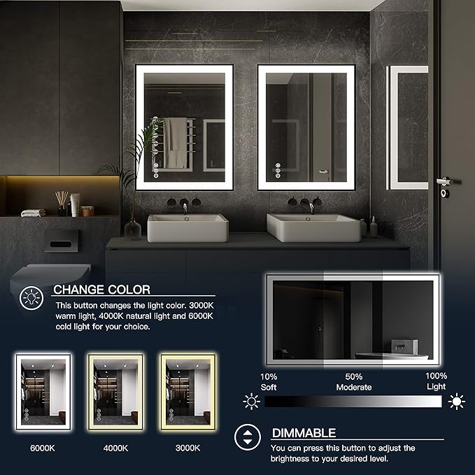 ISKM Framed LED Mirror for Bathroom 36"x28", Dimmable LED Bathroom Mirror with Lights, Anti-Fog, Front and Backlit Lighted Mirror 3-Colors, Shatterproof, Memory Function