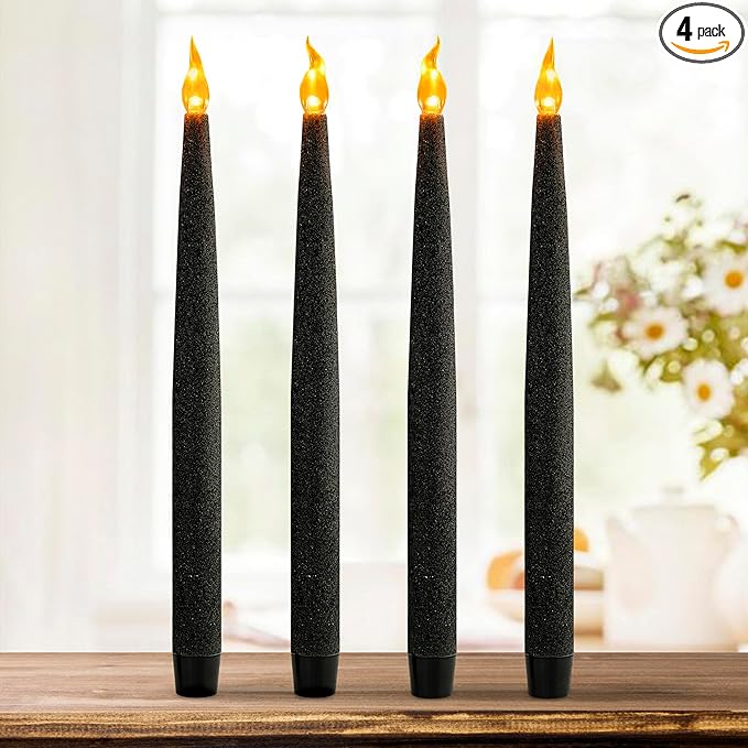 FURORA LIGHTING Black Glittery LED Taper Candles Pack of 4, Flameless Flickering Taper Candles with Timer for Home Décor Holiday Décor, Battery Operated