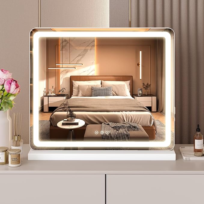 NEWBULIG 20"x22" LED Vanity Mirror with Lights, Lighted Smart Tabletop Makeup Mirrors for Desk, Touch Control Dimmable Brightness, 3 Color Lighting Modes