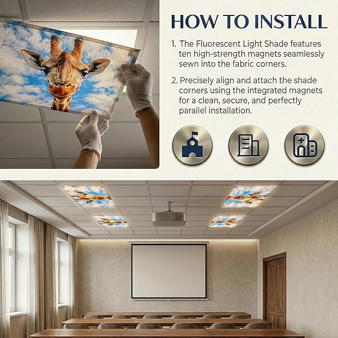 Fluorescent Light Covers for Ceiling Lights -Magnetic Cloud Cover for Fluorescent Or LED Fixture 2ft x 4ft Classroom,Home,Office Decoration Filters Overhead Lighting- Giraffe