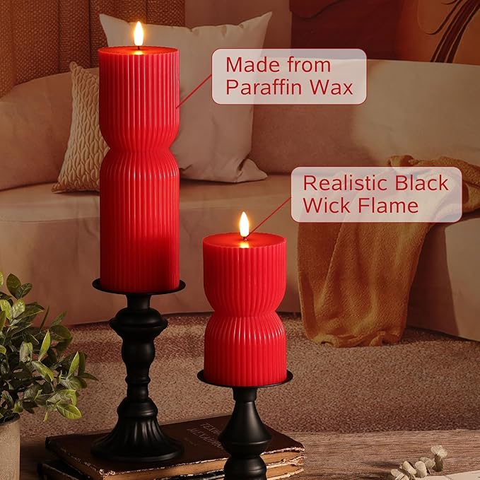 Red Ribbed Flameless Pillar Candles with Remote, Battery LED Wax Candles Flickering Valentines Day Decor Gift Set of 2