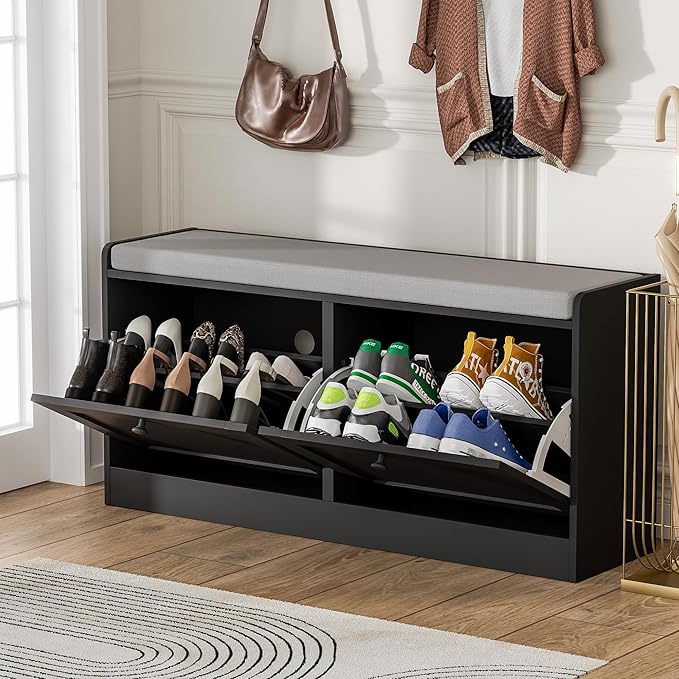 MHOM Black Modern Entryway Bench with 2 Flip Drawers, Shoe Bench with Padded Seat Cushion, Wooden Storage Bench for Hallway and Entryway