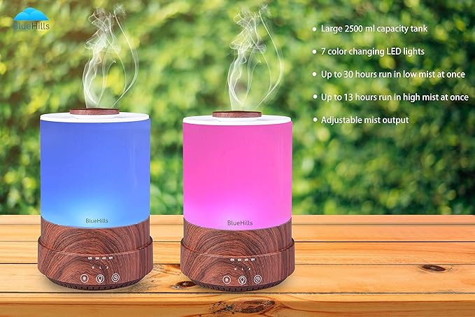 BlueHills Premium Set of Two Large 2500 ML and 4000 ML Tall XL Essential Oil Diffusers Humidifier Combo for Large Room Home with Décor LED Lights Great Gift – Value Pack of Dark Wood Grain.