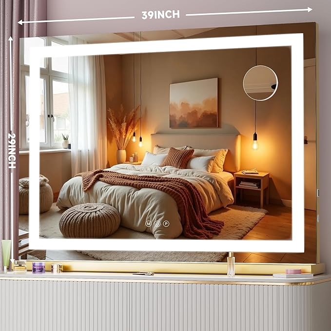 Vanity Mirror with Lights, 40" x 29" LED Makeup Mirror with 10X Magnification, Dimmable 3 Modes, Memory Function, Smart Touch, USB Charging Port, Lighted Makeup Mirror Square Glod