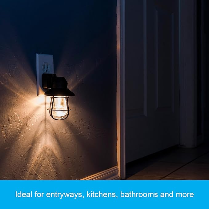 GE Vintage LED Night Light, Plug-in, Dusk to Dawn Sensor, Farmhouse Decor, Mood Lighting, Home Decor, Ambient Lighting, LED Lights for Bedroom, Bathroom, Kitchen, Hallway, 38628, Black, 1 Pack
