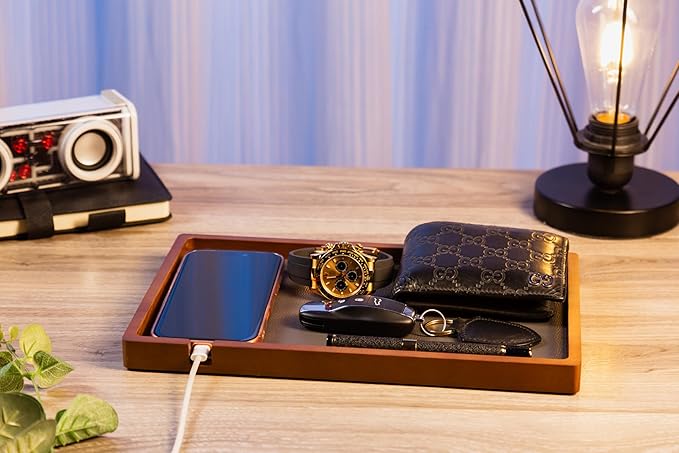 Shinpuru Wooden Valet Tray for Men, Nightstand Organizer with Leather Inlay, EDC Essentials Catchall Tray for Keys, Phone, Wallet, Watch, Earbuds - Bedside Desk Entryway Tray (Wood-Full)