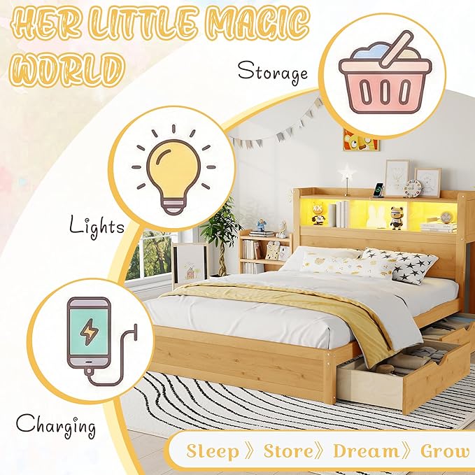 Kids Full Bed Frame with Drawers & Storage Headboard, Solid Wood Platform Bed with Pull-Out Cabinet, Built-in LED Light & Charging Station, No Box Spring Needed, Natural