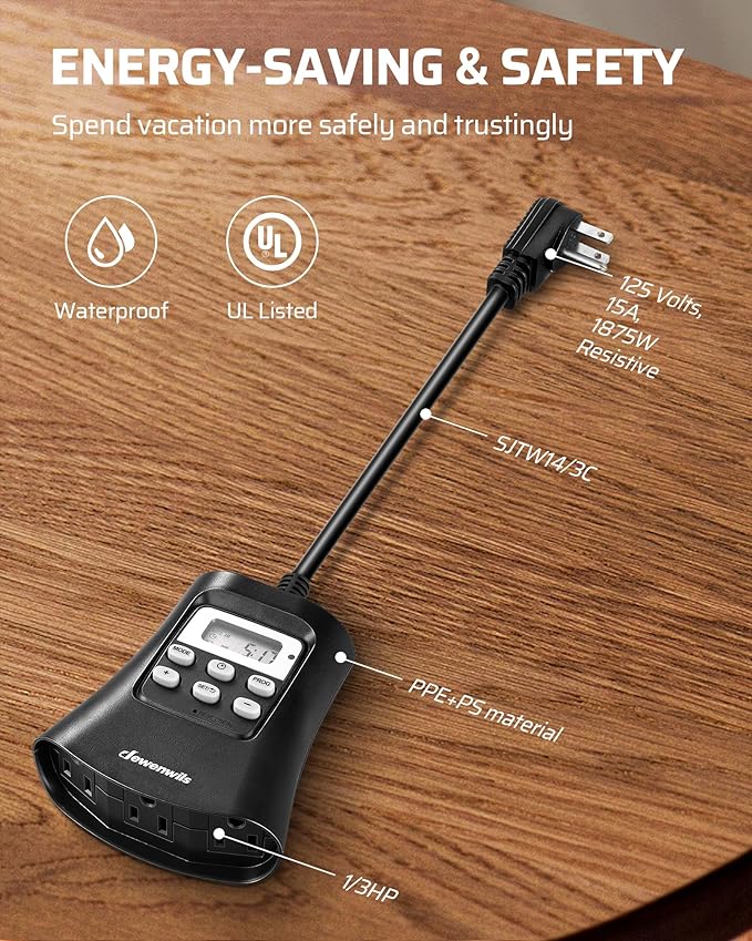 DEWENWILS Outdoor Digital Timer for Lights, 7-Day Programmable Plug in Timer with 3 Grounded Outlets for Landscape String Light, 15A, 1/3 HP UL Listed
